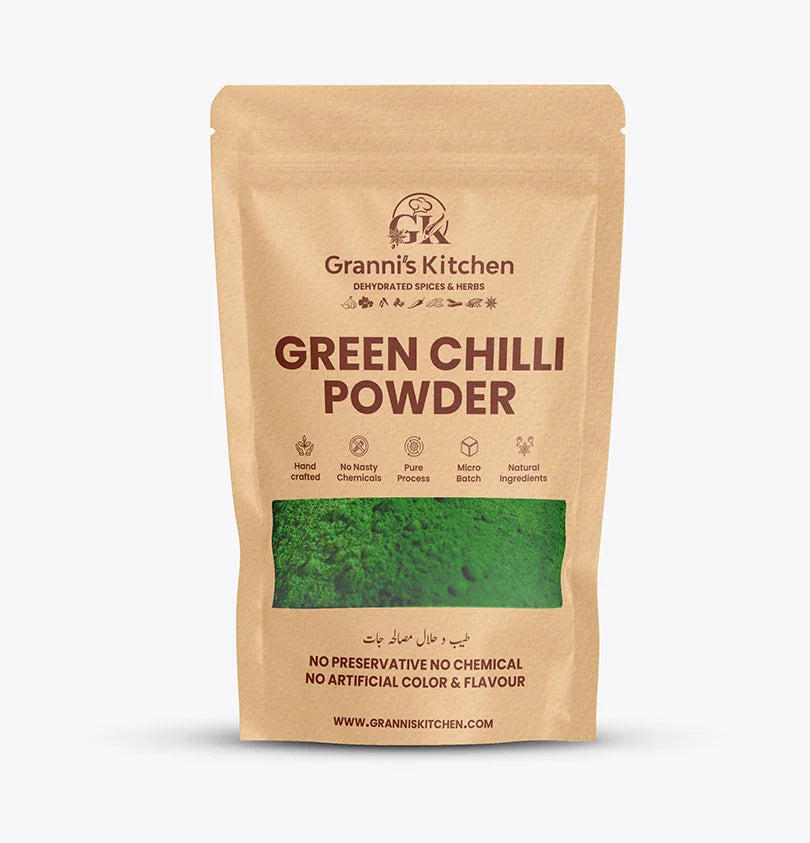 Granni's Kitchen Green Chilli Powder - Handcrafted with Natural Ingredients, Free from Preservatives, Artificial Colors & Flavors. Made Using a Pure Process and Micro-Batch Production for Fresh and Spicy Green Chilli Flavor. Perfect for Adding Heat and Flavor to Your Dishes.