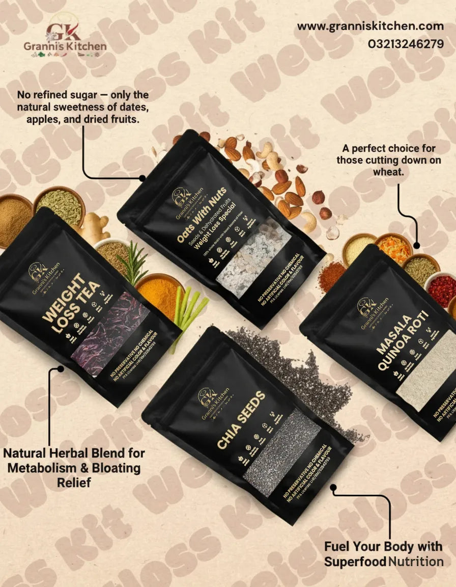 Black packaging of Grannis Kitchen products on a beige background with text about health benefits.