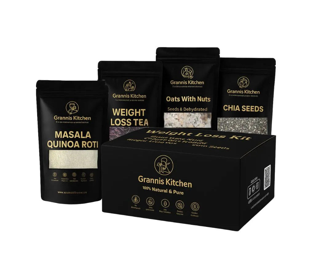 Granni's Kitchen weight loss products including tea, oats with nuts, chia seeds, and quinoa roti on a white background.