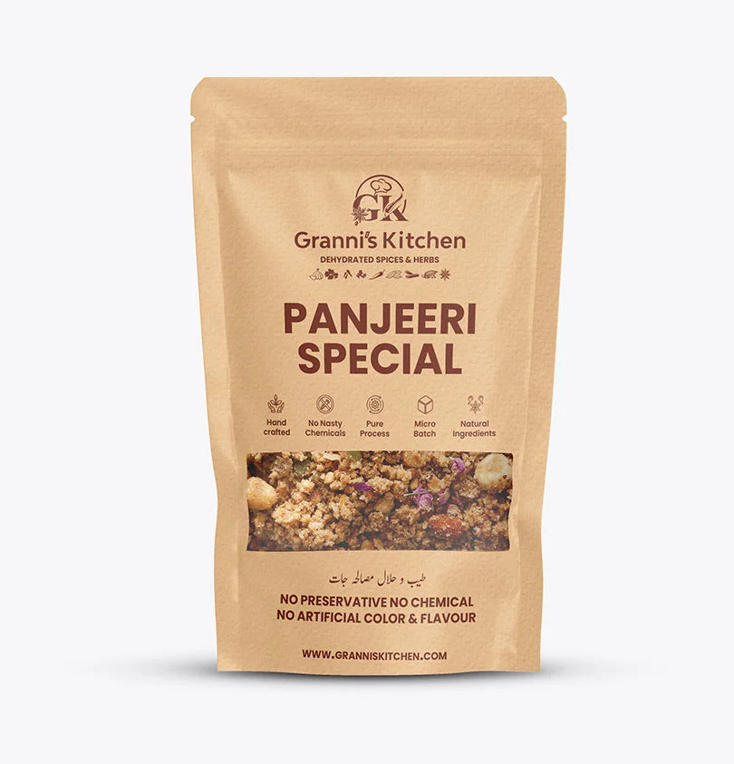 Granni's Kitchen Panjeeri Special - Handcrafted with Natural Ingredients, Free from Preservatives, Artificial Colors & Flavors. Made Using a Pure Process and Micro-Batch Production for Rich and Nutritious Panjeeri. Ideal for Adding a Healthy and Flavorful Touch to Your Diet.