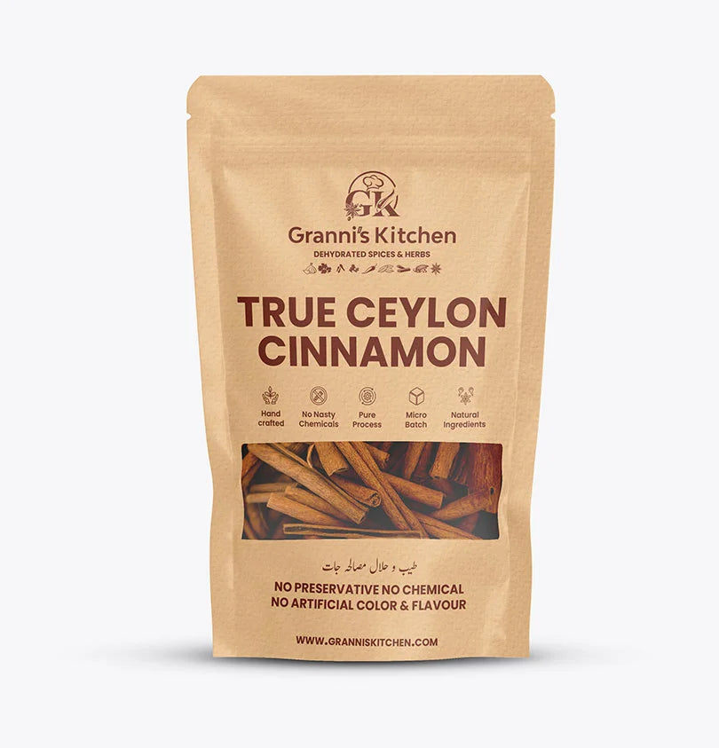 Packaging of 'Grannis's Kitchen True Ceylon Cinnamon' showing the brand name, product name, and a transparent window revealing cinnamon quills.